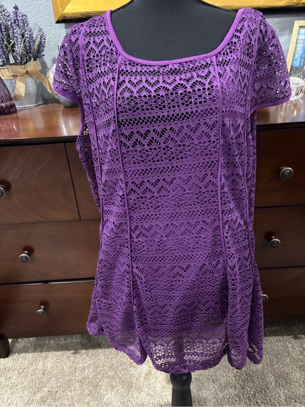 Ashley Stewart Purple Crochet Swim Coverup Tunic